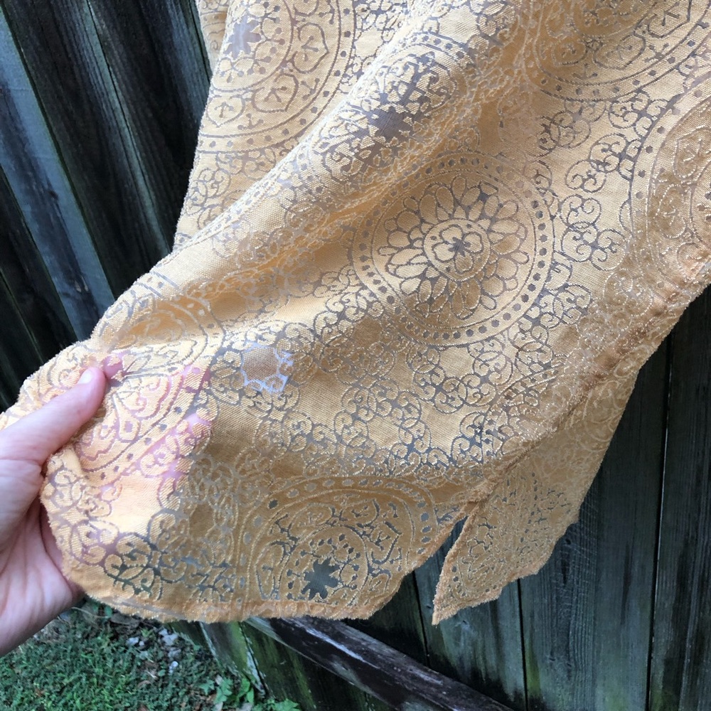 Vintage Sheer Burnout Button Down Top Goldenrod 3/4 Sleeve Moroccan Design - Picture 10 of 12
